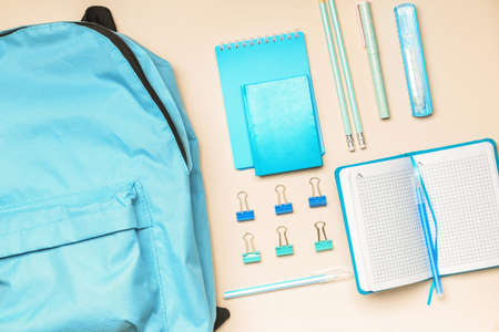 Set of school supplies with backpack on white backgroundの写真素材
