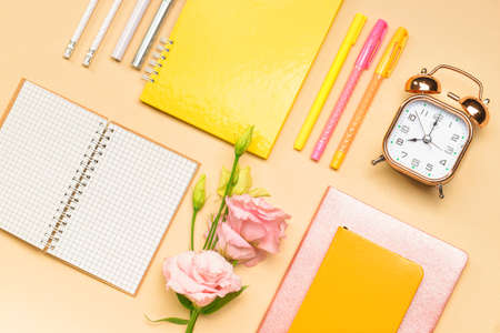Set of school supplies with alarm clock on color backgroundの写真素材