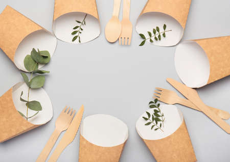 Frame made of eco containers for food on gray backgroundの写真素材