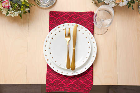 Beautiful table setting for wedding celebration in restaurant