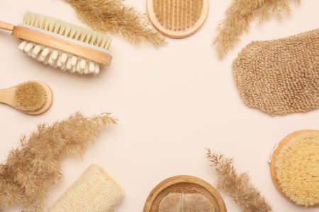 Frame made of eco bathing supplies on light backgroundの写真素材