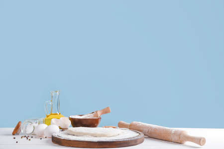 Ingredients for tasty pizza on tableの写真素材