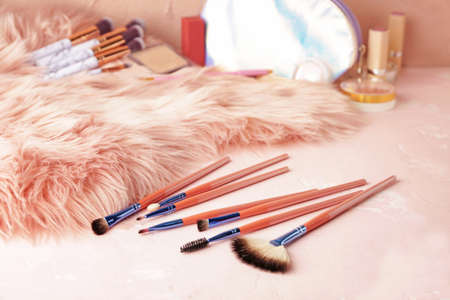 Set of makeup brushes on tableの写真素材