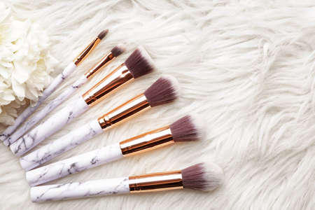 Set of makeup brushes and flowers on fluffy backgroundの写真素材