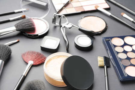 Set of decorative cosmetics on dark backgroundの写真素材