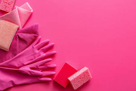 Set of cleaning supplies on color backgroundの写真素材