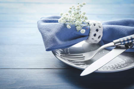 Beautiful Easter table setting on wooden backgroundの写真素材