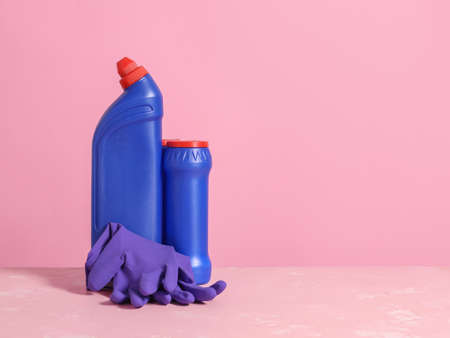 Set of cleaning supplies on color backgroundの写真素材