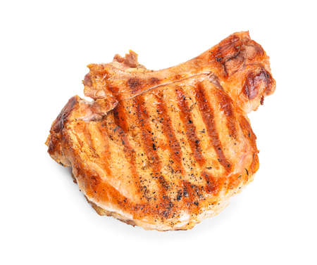 Cooked pork steak on white backgroundの写真素材