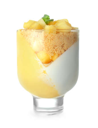 Glass with tasty panna cotta on white backgroundの写真素材