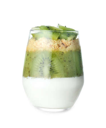 Glass with tasty panna cotta on white backgroundの写真素材