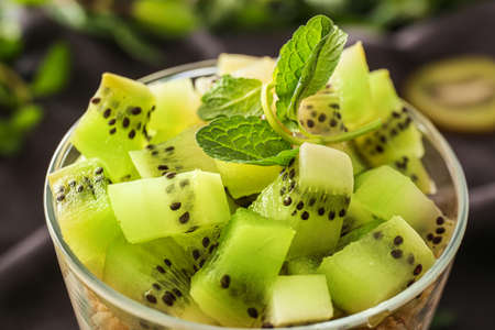 Glass with tasty panna cotta, closeupの写真素材