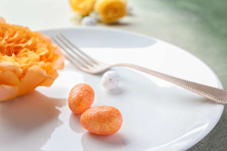 Beautiful table setting for Easter celebration, closeup
