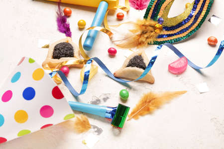 Beautiful composition for Purim holiday on white backgroundの写真素材