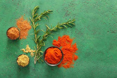 Different spices on color backgroundの写真素材
