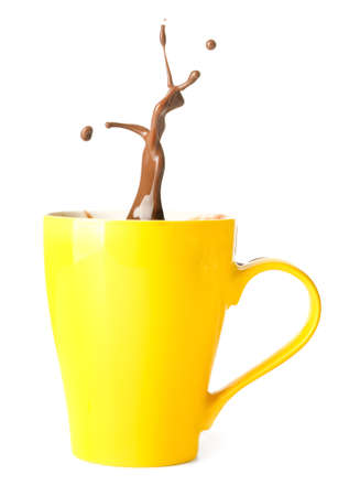 Cup of hot cocoa drink with splash on white backgroundの写真素材