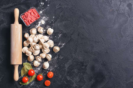 Raw fresh dumplings with rolling pin and meat on dark backgroundの写真素材