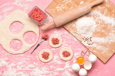 Making of tasty dumplings on color backgroundの写真素材