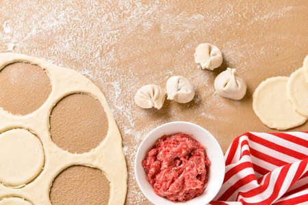 Making of tasty dumplings on color backgroundの写真素材