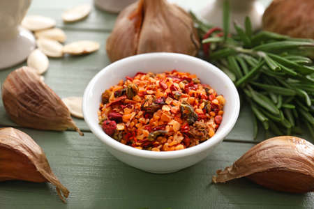 Bowl with spices on tableの写真素材