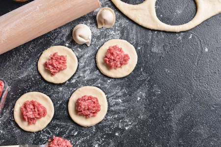 Making of tasty dumplings on dark backgroundの写真素材