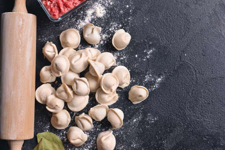 Raw fresh dumplings with rolling pin and meat on dark backgroundの写真素材