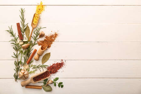 Different spices on white wooden backgroundの写真素材