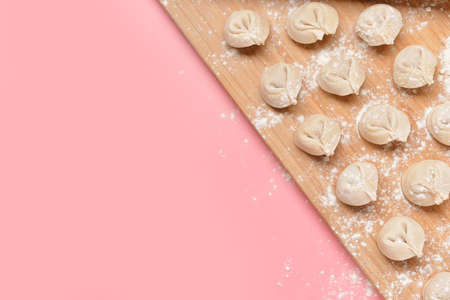 Raw fresh dumplings on color backgroundの写真素材