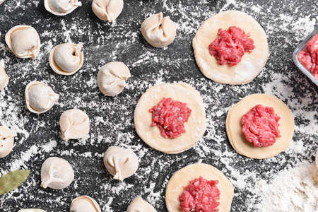 Making of tasty dumplings on dark backgroundの写真素材