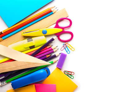 Set of school supplies on white backgroundの写真素材