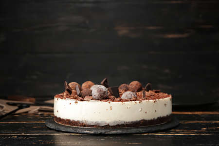 Tasty chocolate cheesecake on tableの写真素材