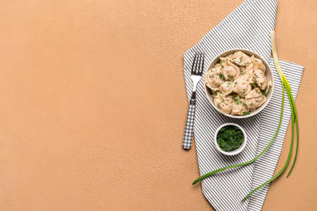 Bowl with tasty dumplings on color backgroundの写真素材