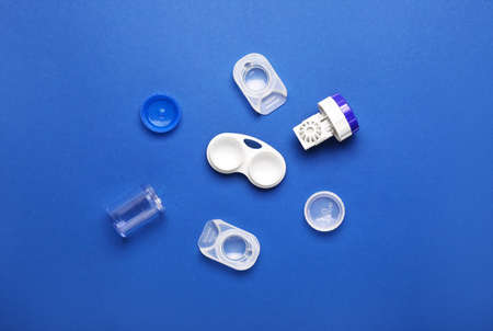 Containers for contact lenses on color backgroundの写真素材