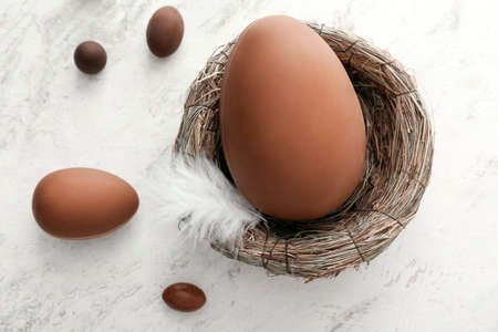 Nest with tasty chocolate Easter eggs on light backgroundの写真素材