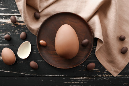 Plate with tasty chocolate Easter eggs on wooden backgroundの写真素材