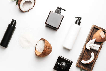 Composition with shampoo and cosmetics for hair on white backgroundの写真素材