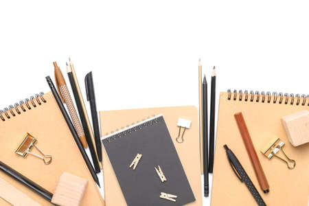 School supplies on white backgroundの写真素材