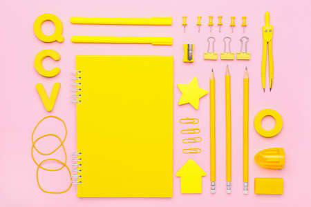 School supplies on color backgroundの写真素材