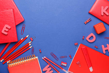 School supplies on color backgroundの写真素材