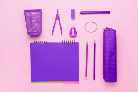 School supplies on color background