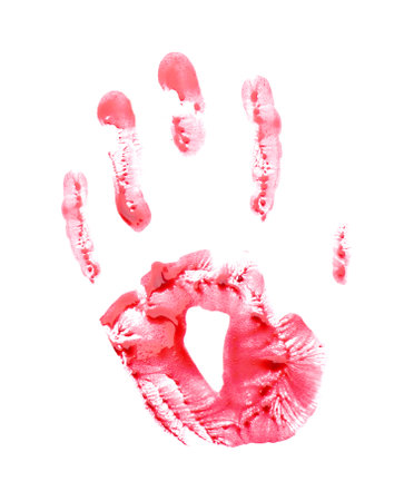 Bloody palm print on white backgroundの写真素材