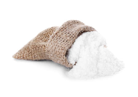 Bag with salt on white backgroundの写真素材
