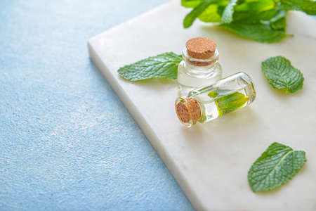 Bottles of mint essential oil on tableの写真素材