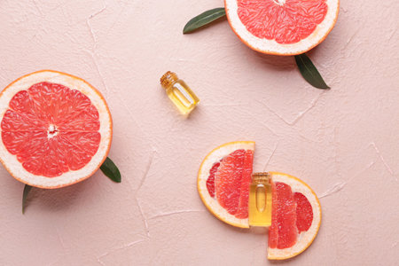 Composition with grapefruit essential oil on color backgroundの写真素材