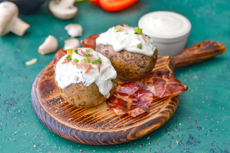 Tasty baked potato with sour cream on bacon on tableの写真素材