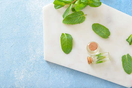 Bottles of mint essential oil on tableの写真素材