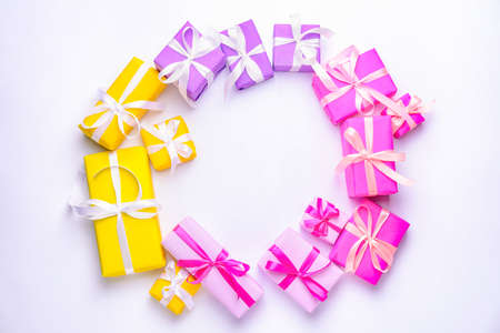 Frame made of Birthday gifts on white backgroundの写真素材