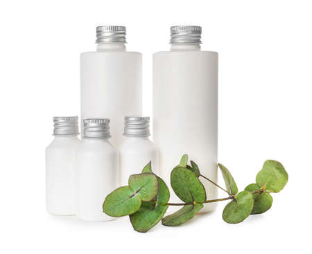 Shampoo with herbal extract on white backgroundの写真素材