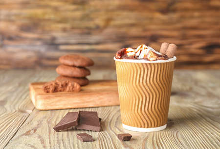 Cup of hot chocolate on tableの写真素材