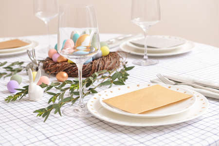 Beautiful table setting for Easter celebrationの写真素材